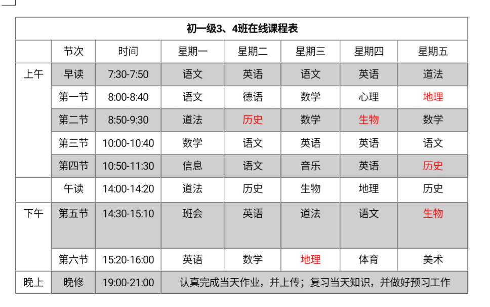 2020年七年级第二学期在线教学课程表